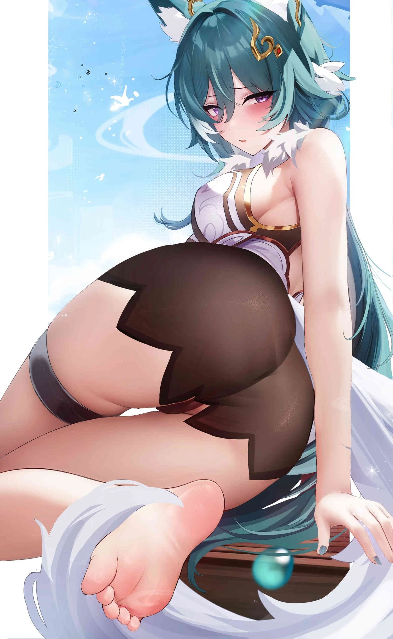 fantongjun, honkai: star rail, yukong (honkai: star rail), feet, huge ass, medium breasts, painted nails, rear view, soles, thick thighs, toes, wide hips, worried