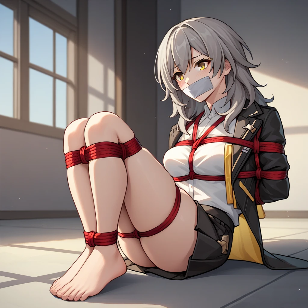 honkai: star rail, stelle (honkai: star rail), arms tied behind back, barefoot, bondage, bound ankles, bound legs, gag, gagged, grey hair, sitting on ground, tape gag, yellow eyes, ai generated