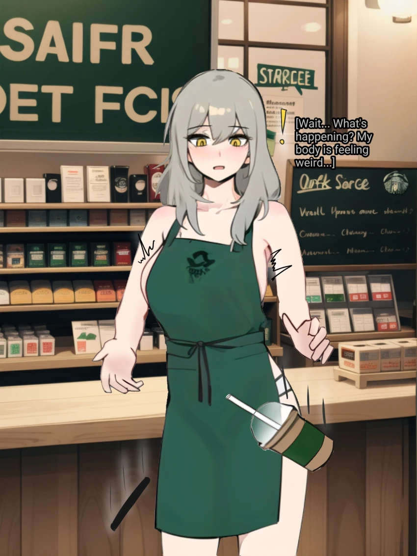 starbucks, stelle (honkai: star rail), apron, apron only, breast expansion, breast squeeze, golden eyes, grey hair, huge, huge breasts, lactation, naked apron, sideboob, ai generated background, iced latte with breast milk