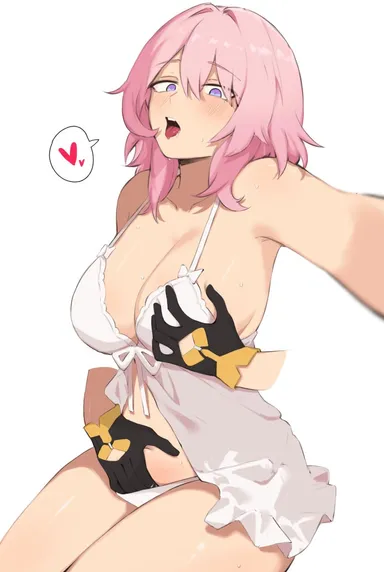 soulnark, honkai (series), honkai: star rail, march 7th (honkai: star rail), stelle (honkai: star rail), 2girls, black gloves, blue eyes, breasts, cleavage, disembodied limb, fingering, gloves, grabbing, grabbing another's breast, hair between eyes, heart, large breasts, multicolored eyes, multiple girls, negligee, open mouth, panties, pink hair, purple eyes, simple background, solo focus, spoken heart, sweat, teeth, tongue, tongue out, trailblazer (honkai: star rail), underwear, upper teeth only, white background, white panties, yuri, absurdres, highres