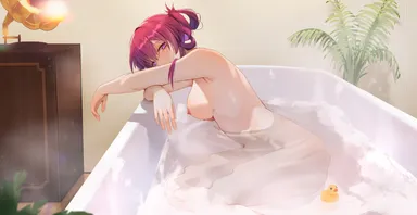 clisapex, honkai (series), honkai: star rail, kafka (honkai: star rail), 1girls, bath, bathing, bathroom, bathtub, blush, breasts, light skin, light-skinned female, looking at viewer, lying, naked, nude, pink eyes, pink hair, short hair, solo, 2023, hi res