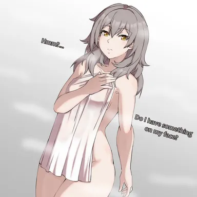 lucky zero, zerocgm, honkai: star rail, stelle (honkai: star rail), 1girls, almost naked, blush, breasts, covering, covering self, cowboy shot, eyebrows visible through hair, gold eyes, grey hair, hair between eyes, long hair, looking at viewer, naked towel, oblivious, sideboob, solo, standing, steam, talking to viewer, thighs, towel, absurd res, english text, hi res