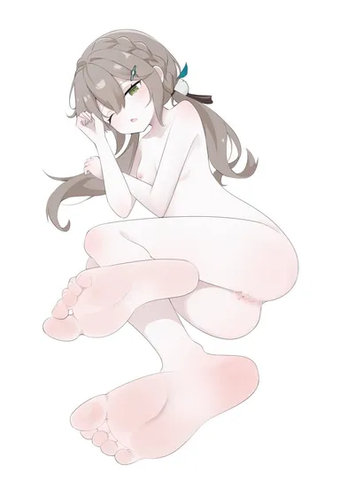 wl217 (nicexa111), honkai (series), honkai: star rail, qingque (honkai: star rail), ass, barefoot, braid, breasts, brown hair, eyebrows hidden by hair, feet, female, female only, foot focus, full body, green eyes, hair between eyes, hair ornament, hairclip, long hair, looking at viewer, lying, nipples, on side, one eye closed, open mouth, pussy, small breasts, soles, solo, toes, white background, absurdres, censored, highres, mosaic censoring, simple background