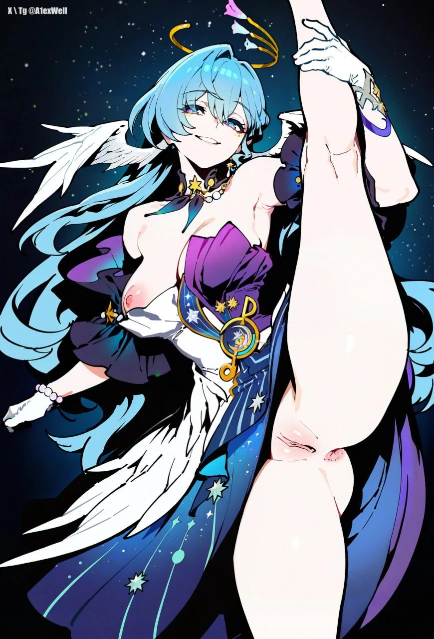 a1exwell, honkai (series), honkai: star rail, mihoyo, robin (honkai: star rail), anus, bottomless, dress, female, legs up, naughty face, nipple slip, one breast out, pussy, standing split, ai generated, stable diffusion