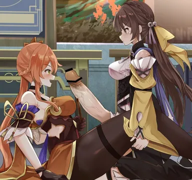 zado (rinaai airina), honkai (series), honkai: star rail, guinaifen (honkai: star rail), sushang (honkai: star rail), 1futa, 1girls, breasts, brown hair, clothed, clothing, detailed background, erection, female, female focus, futanari, huge cock, human, light skin, light-skinned female, light-skinned futanari, long hair, mostly clothed, penis, pink hair, side view, bar censor, censored