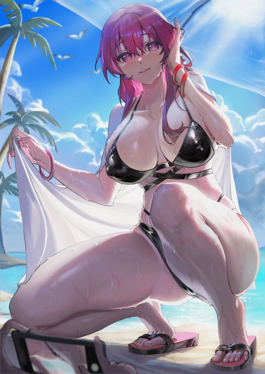 wow+, honkai: star rail, kafka (honkai: star rail), 1girls, armwear, beach, big breasts, bikini, bikini bottom, bikini top, black bikini, bottomwear, bracelet, breasts, cleavage, feet, female, female focus, footwear, hair, huge breasts, nails, nipple bulge, phone, purple eyes, purple hair, sandals, taking picture, thighs, toes, topwear, towel, wet, wet body