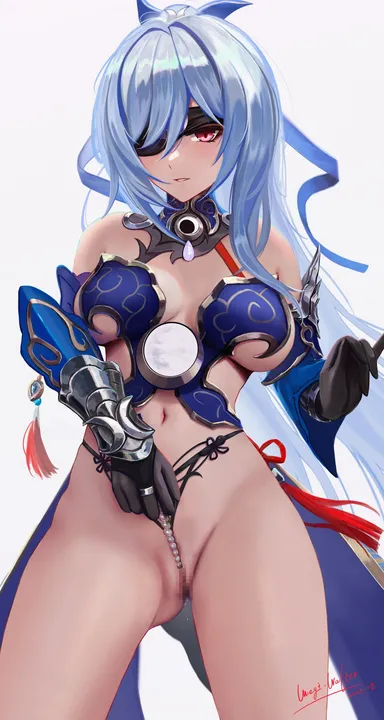 meginalter, honkai (series), honkai: star rail, jingliu (honkai: star rail), bare shoulders, black blindfold, black gloves, blindfold, blue sleeves, blush, breasts, detached sleeves, female, gloves, large breasts, long hair, looking at viewer, medium breasts, navel, one eye covered, parted lips, pussy, red eyes, solo, stomach, thighs, white background, white hair, censored, mosaic censoring, simple background