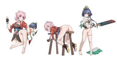 honkai (series), honkai: star rail, march 7th (honkai: star rail), yunli (honkai: star rail), 2girls, age difference, amulet, anklet, anus, ass, attack of the hatogod, bare shoulders, black footwear, blue hair, blush, bondage, bottomless, bound, breasts, brown eyes, cleft of venus, crown, feet, fingerless gloves, full body, gloves, groin, hair ornament, hand up, holding, holding sword, holding weapon, humiliation, imminent spanking, jewelry, kneepits, large breasts, medium hair, multiple girls, multiple views, navel, open mouth, petite, pink hair, pussy, red eyes, restrained, role reversal, scared, small breasts, sword, thigh strap, thighhighs, thighs, toenails, weapon, white background, white thighhighs, zettai ryouiki