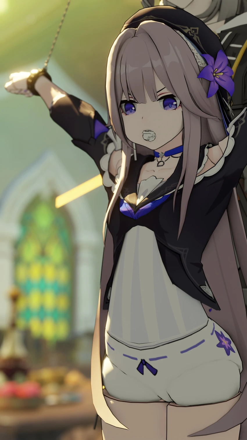 honkai: star rail, herta (honkai: star rail), blue eyes, bondage, bound, bound wrists, brown hair, chained, chained up, chained wrists, flower in hair, gag, gagged, panty gag, restrained, solo, solo female, stuffed mouth gag, unseen male face