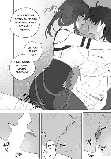 sgrimp, honkai (series), honkai: star rail, blade (honkai: star rail), kafka (honkai: star rail), 1boy, 1girls, big breasts, breasts, clothed, clothed female, french kiss, french kissing, grinding, kissing, light skin, light-skinned female, comic, comic page, text, text bubble