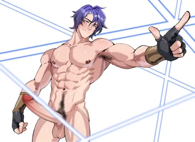 jackray85674939, honkai (series), honkai: star rail, dr. ratio (honkai: star rail), 1boy, abs, armpit, armpit hair, balls, ballsack, big penis, erect penis, erection, gloves, gloves only, happy trail, long penis, loser gesture, male, male only, naked, naked male, nipples, nude, nude male, pubic hair, smile, solo, solo male