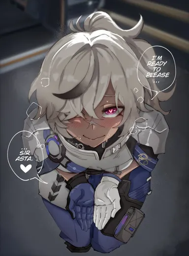 akashicelegy, honkai (series), honkai: star rail, arlan (honkai: star rail), 1girls, blush, female, female only, hair over one eye, heart-shaped pupils, kneeling, looking at viewer, pink eyes, pov, smiling, smiling at viewer, solo, steam, talking to viewer, viewed from above, wavy mouth, white hair, 2024, dialogue, english text, genderswap, genderswap (mtf), hi res, rule 63, speech bubble