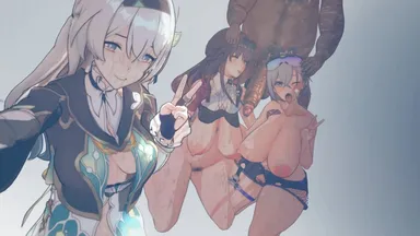 honkai (series), honkai: star rail, firefly (honkai: star rail), kafka (honkai: star rail), silver wolf (honkai: star rail), big ass, big breasts, big penis, hand on head, netorare, penis out, selfie, slave, thighs, tongue out, 3d, koikatsu