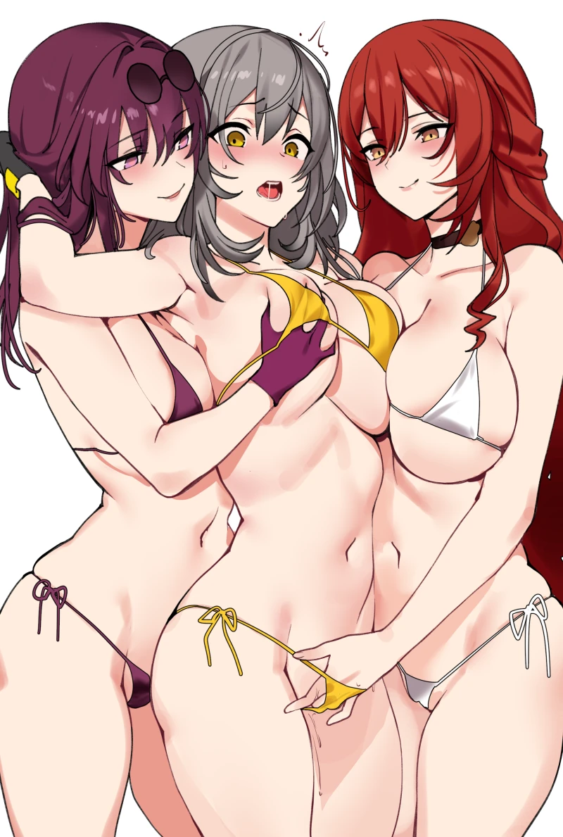 ndgd, honkai (series), honkai: star rail, himeko (honkai: star rail), kafka (honkai: star rail), stelle (honkai: star rail), 3girls, asymmetrical docking, belly-to-belly, bikini, black choker, black gloves, blush, breast press, breasts, breasts on back, choker, drooling, eyewear on head, face-to-face, fff threesome, fingering, fingering partner, front-to-back, girl sandwich, gloves, grabbing, grabbing another's breast, grabbing from behind, grey hair, group sex, hand in bikini, hand under clothes, hand under swimsuit, large breasts, long hair, looking at another, micro bikini, multiple girls, no pupils, open mouth, orange eyes, pince-nez, purple bikini, purple eyes, purple gloves, purple hair, pussy juice, red hair, round eyewear, saliva, saliva trail, sandwiched, side-tie bikini bottom, simple background, skindentation, smile, smug, string bikini, sunglasses, surprised, sweat, swimsuit, threesome, very long hair, white bikini, wide-eyed, yellow bikini, yellow eyes, yuri, duplicate