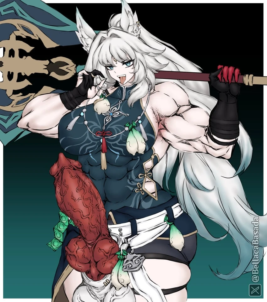 bellacabasada, honkai: star rail, feixiao (honkai: star rail), 1futa, abs, animal ears, animal genitalia, armpit stubble, balls, big breasts, breasts, clothed, clothing, erection, futa only, futanari, gigantic penis, huge cock, kemonomimi, knot, large breasts, long hair, mostly clothed, muscular, muscular futanari, penis, penis out, skindentation, solo, standing, tight clothing, tongue, tongue out, white hair