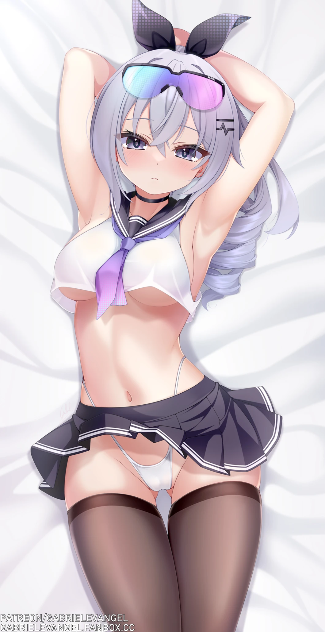 honkai: star rail, silver wolf (honkai: star rail), 1girls, armpits, arms behind head, body pillow, cameltoe, female, female focus, female only, kneesocks, large breasts, lying on bed, midriff, miniskirt, serafuku, thick thighs, underboob, wide hips, fanbox url, patreon url