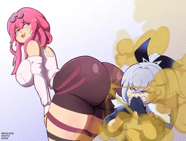 protorepulsive, repulsiveproto, honkai (series), honkai: star rail, kafka (honkai: star rail), silver wolf (honkai: star rail), 2girls, ass, bent over, big ass, big butt, fart, fart cloud, fart fetish, farting, farting in face, glasses, glasses on head, grey eyes, looking back, open mouth, pink eyes, pink hair, shorts, silver hair, smile, thick thighs, yuri