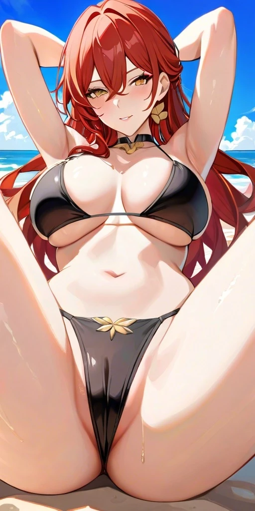 lia the busty redhead, honkai (series), honkai: star rail, hoyoverse, himeko (honkai: star rail), 1girls, amber eyes, ass, bare legs, bare shoulders, bare thighs, barely clothed, barely covered, beach, belly button, big breasts, bikini, bikini bottom, bikini top, black bikini, blush, breasts, cameltoe, close up, earrings, female, female focus, female only, hair, hair between eyes, hair ornament, long hair, long lashes, looking at viewer, micro bikini, orange eyes, pussy, pussy lips, red hair, sand, seductive, seductive look, seductive smile, slight smile, smile, solo, solo female, solo focus, spread legs, squatting, thighs, vagina, water, yellow eyes, ai generated, commentary request, self upload, tagme