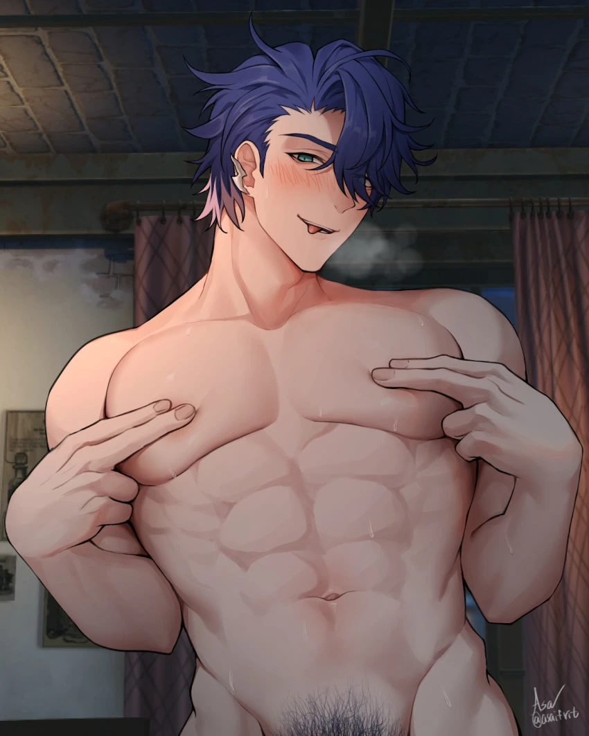 asaifrit, honkai: star rail, sampo (honkai star rail), 1boy, abs, bedroom, big pecs, blue hair, blush, covering nipples, gay, happy trail, male only, muscular, muscular male, nude, pubic hair, slut, tongue out, v-line, visible breath, white highlights, yaoi