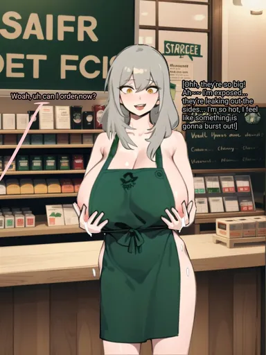 starbucks, stelle (honkai: star rail), apron, apron only, breast expansion, breast squeeze, golden eyes, grey hair, huge breasts, lactation, naked apron, sideboob, ai generated background, iced latte with breast milk