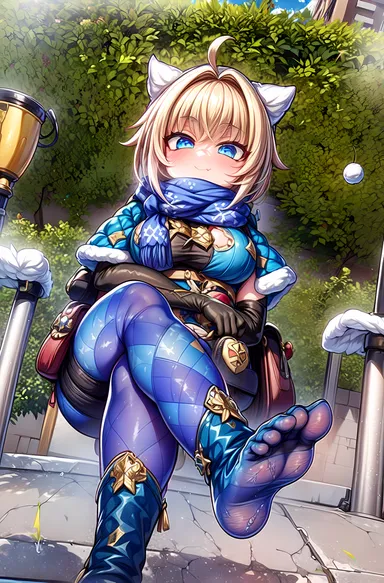 foopanthia, honkai (series), honkai: star rail, lynx (honkai: star rail), 1girls, 5 toes, alternate breast size, animal ears, blonde hair, blue eyes, blue legwear, blush, clothed, crossed legs, feet, female, female focus, female only, foot fetish, foot focus, footwear, from below, legs, legwear, long hair, looking at viewer, looking down, smile, sole female, soles, solo, solo female, solo focus, stockings, teasing, thick thighs, thighs, tight clothing, tights, toes, ai generated