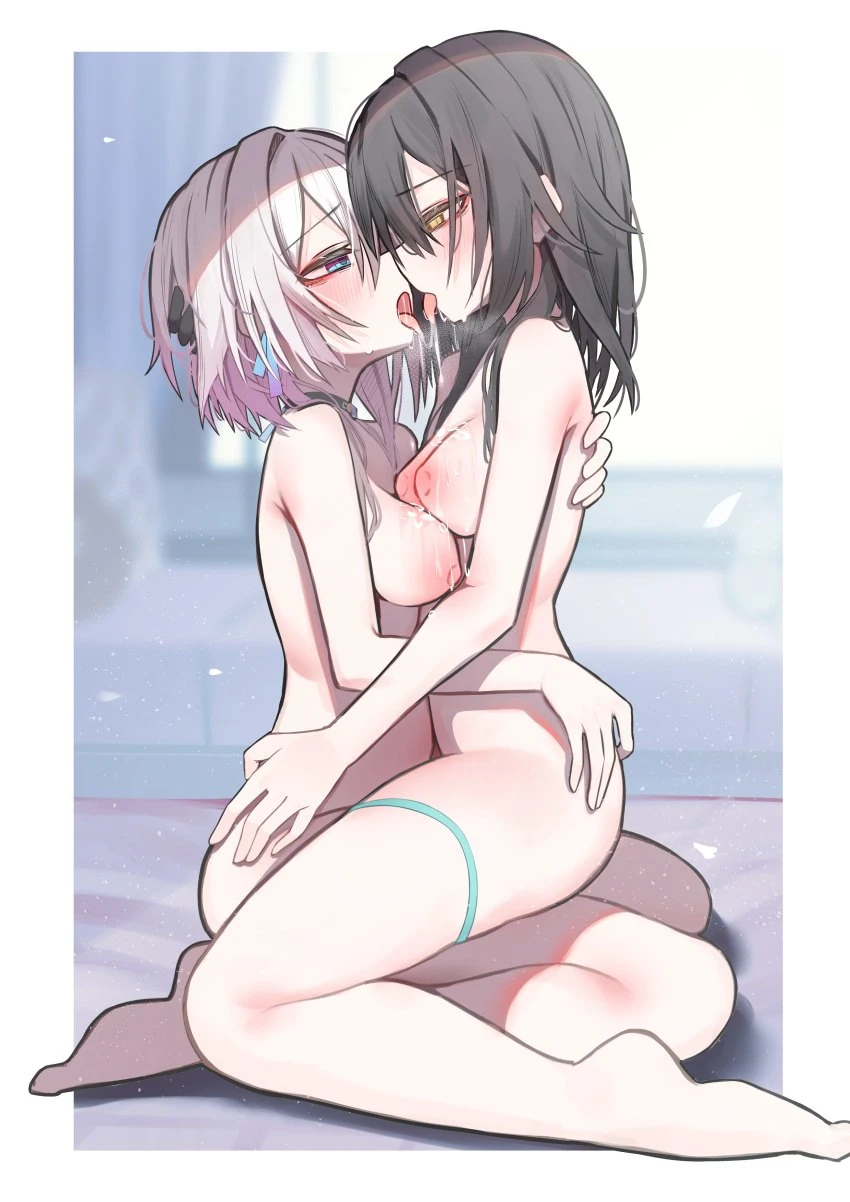 sajin (user pvrm4582), honkai (series), honkai: star rail, march 7th (honkai: star rail), stelle (honkai: star rail), 2girls, after kiss, black hair, blue eyes, blurry, blurry background, blush, breasts, breath, completely nude, eye contact, face-to-face, from side, half-closed eyes, hand in another's hair, hand on another's ass, hand on another's back, indoors, long hair, looking at another, medium breasts, medium hair, multiple girls, nipples, nude, open mouth, outside border, pink hair, saliva, saliva trail, sitting, thigh strap, trailblazer (honkai: star rail), yellow eyes, yuri, absurdres, border, dated commentary, highres, profile, white border