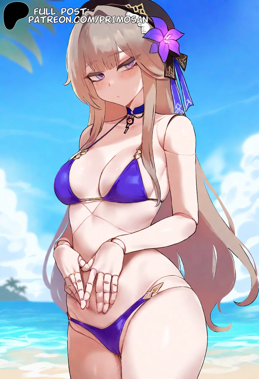 primosan, honkai: star rail, herta (honkai: star rail), beach, bikini, doll, doll joints, long hair, purple eyes, pussy juice, ai generated