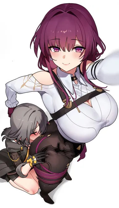 ndgd, honkai: star rail, kafka (honkai: star rail), stelle (honkai: star rail), 2girls, big ass, big breasts, curvy, face in ass, female, female only, gloves, grey hair, huge breasts, large breasts, long sleeves, looking at viewer, purple eyes, purple hair, smile, thick, thick thighs, voluptuous, white background, yuri