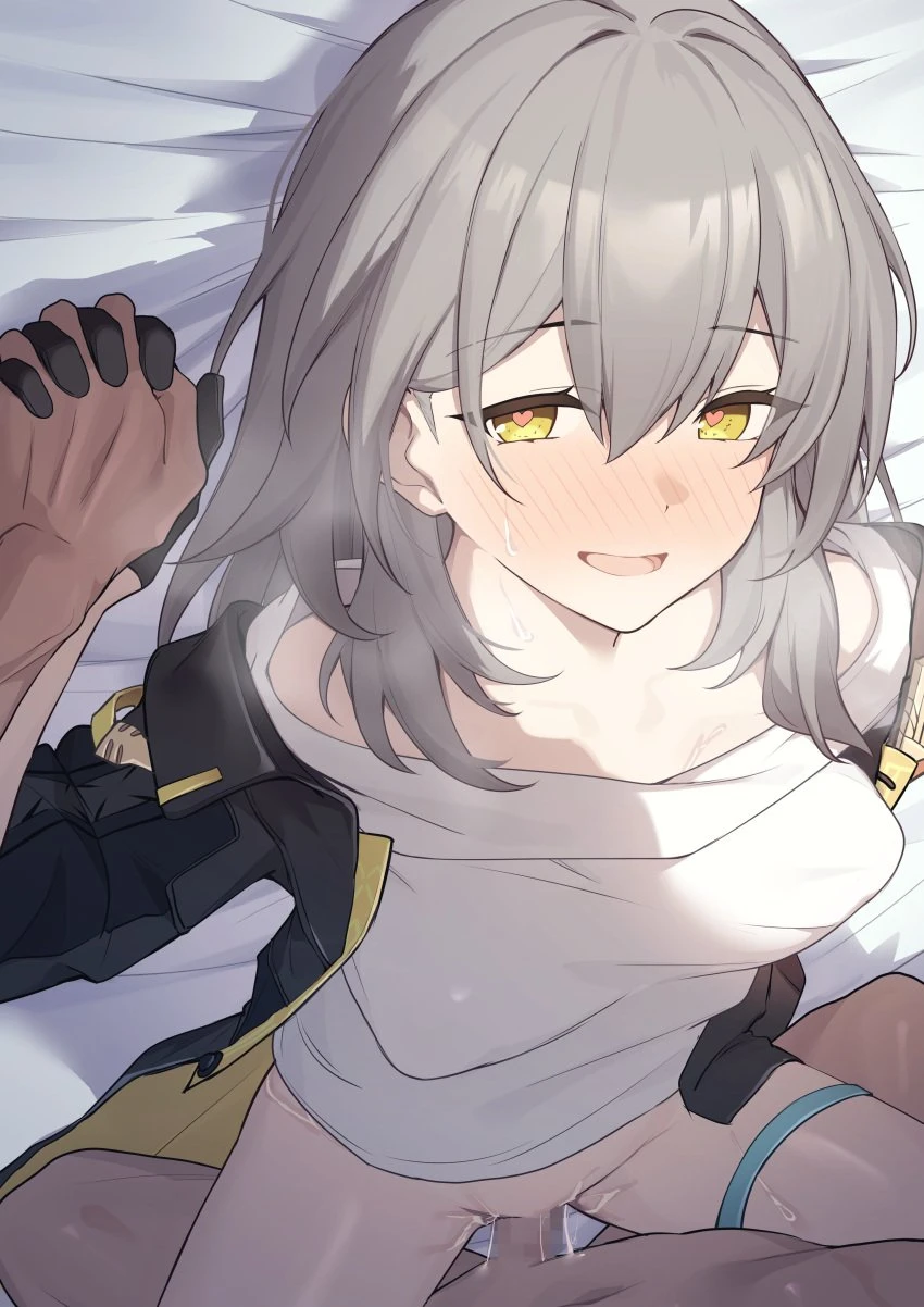 shirotategosha, honkai (series), honkai: star rail, stelle (honkai: star rail), trailblazer (honkai: star rail), :d, 1boy, black gloves, black jacket, blush, breasts, female, gloves, grey hair, hair between eyes, heart, heart-shaped pupils, holding hands, interlocked fingers, jacket, long hair, long sleeves, looking at viewer, lying, missionary, no panties, on back, open clothes, open jacket, open mouth, penis, sex, shirt, smile, straight, symbol-shaped pupils, tongue, white shirt, yellow eyes, absurdres, censored, highres, mosaic censoring, paid reward available