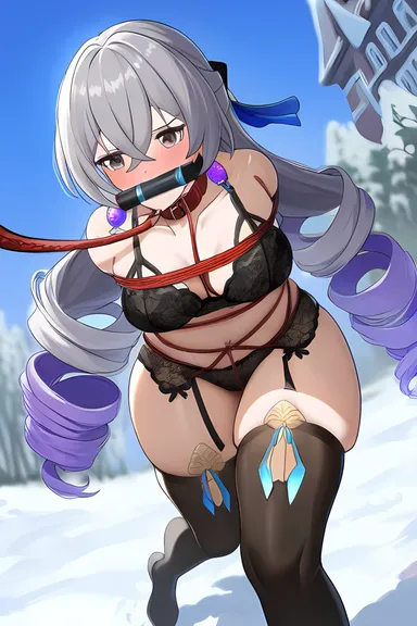 tiques, honkai (series), honkai: star rail, bronya rand, bit gag, blush, bondage, collar, crotch rope, earrings, forced march, gag, gagged, gray hair, leash, leash and collar, leash pull, lingerie, lingerie only, snow, thick thighs, thighhighs, thighs, tied up, ai generated