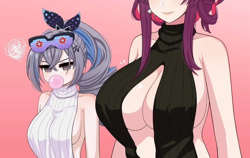 the only shoe, honkai (series), honkai: star rail, kafka (honkai: star rail), silver wolf (honkai: star rail), 2girls, alternate breast size, angry, breast envy, breasts, female, female only, huge breasts, large breasts, light skin, light-skinned female, long hair, multiple girls, purple hair, silver hair, sweater