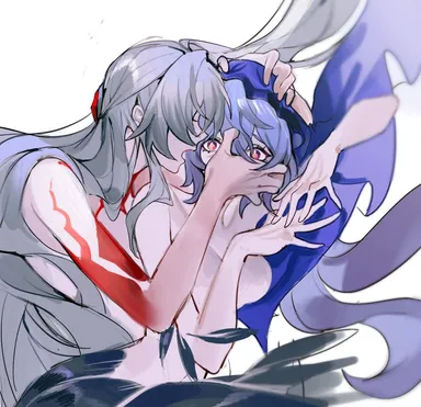 honkai (series), honkai: star rail, mihoyo, acheron (honkai: star rail), black swan (honkai: star rail), 2girls, blue hair, fear, hand on face, hand on head, scared, white hair, yuri