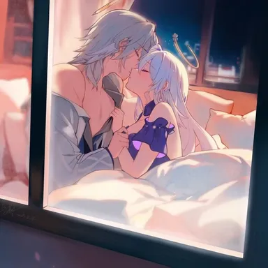 honkai (series), honkai: star rail, mihoyo, robin (honkai: star rail), sunday (honkai: star rail), 1boy, blanket, blush, brother and sister, closed eyes, dress, female, grey hair, halo, halo behind head, head wings, incest, kissing, on bed, pillow, siblings, under covers, unworn clothes, white wings, wing piercing, wings, bad source