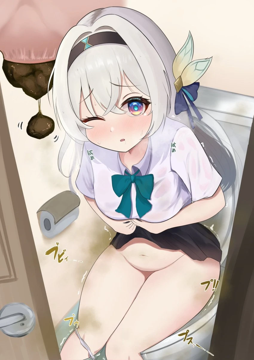 honkai: star rail, firefly (honkai: star rail), anus, bathroom, bowtie, crowning, female, hair ornament, hairband, indoors, long hair, one eye closed, panty pull, parted lips, poop, pooping, scat, silver hair, sitying, skirt, skirt tug, smell, stink, stinky, sweatdrop, toilet, toilet paper, toilet use, turd