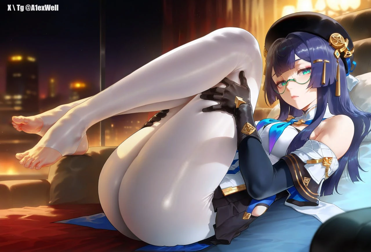 a1exwell, honkai (series), honkai: star rail, mihoyo, pela (honkai: star rail), ass, feet, female, foot fetish, holding legs, knees up, looking at viewer, pantyhose, thighs, toes, ai generated, stable diffusion