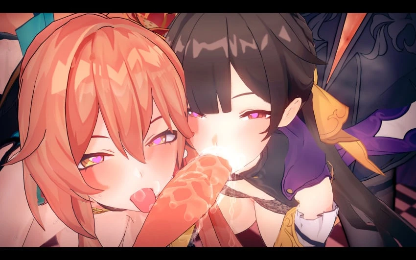 honkai: star rail, mihoyo, guinaifen (honkai: star rail), sushang (honkai: star rail), 2girls, heartshaped pupils, hetero, huge breasts, sucking penis, tongue out, koikatsu