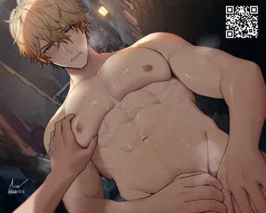 asaifrit, honkai: star rail, gepard (honkai: star rail), abs, blonde hair, blush, breast grab, breast squeeze, covering crotch, embarrassed, exhibitionism, fondling breast, happy trail, male focus, male only, muscles, muscular, muscular male, naked, oiled, pubic hair, shy, steam, sweaty body, yaoi