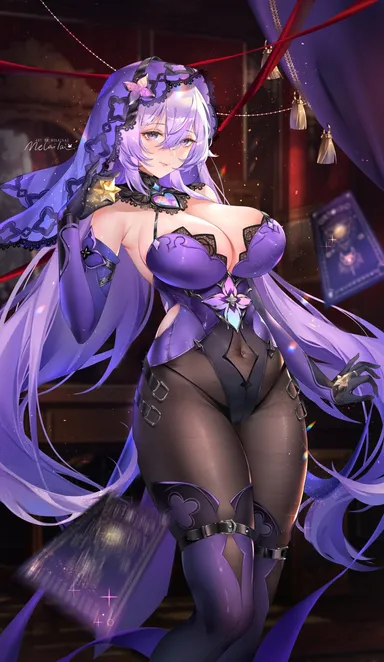 melailai, honkai: star rail, black swan (honkai: star rail), belly button, big breasts, black panties, long hair, purple eyes, purple hair