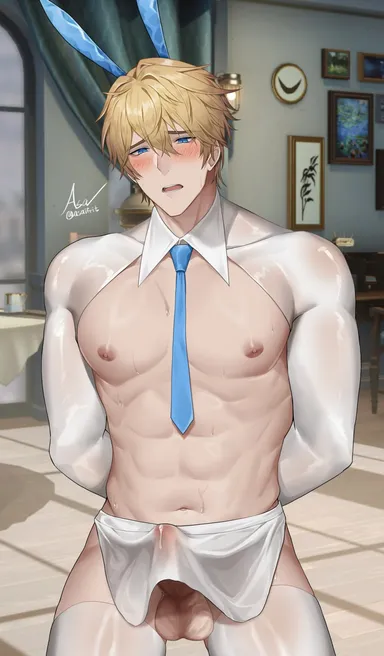 asaifrit, honkai: star rail, gepard (honkai: star rail), 1boy, abs, big balls, blonde hair, blue eyes, blush, boner, bunny ears, bunnysuit, cock, muscular, muscular male, penis, precum, precum through clothing