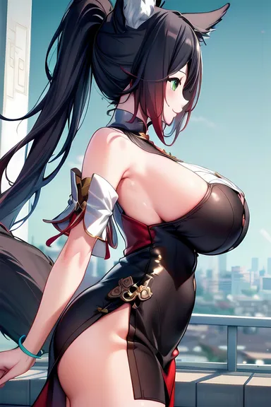 honkai: star rail, tingyun (honkai: star rail), big ass, big booty, big breasts, big butt, brown hair, chinese clothes, chinese dress, curvy, curvy figure, cute, cute face, dark hair, detailed background, fox, fox ears, fox tail, green eyes, looking at viewer, ponytail, sexy, sexy pose, smile, smiling, tail, thick thighs, ai generated, detailed, hi res, high resolution, highres