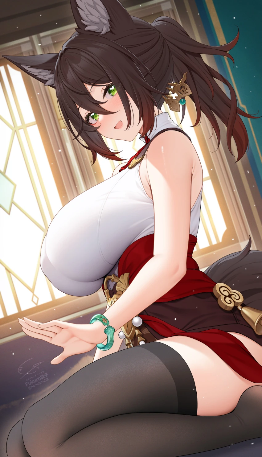 fukuro ko (greentea), honkai: star rail, tingyun (honkai: star rail), 1girls, animal ears, big breasts, blush, bracelet, brown hair, clothing, female, female only, green eyes, hair ornament, huge breasts, indoors, large breasts, looking at viewer, solo, solo female, thick, thick thighs, thighhighs, voluptuous, hi res, highres