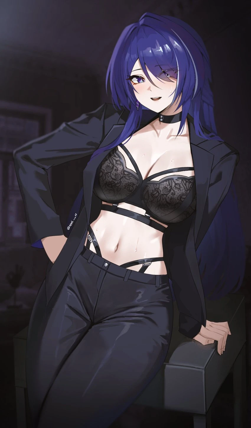 nvl, honkai (series), honkai: star rail, acheron (honkai: star rail), 1girls, choker, female, female focus, female only, jacket, large breasts, light skin, light-skinned female, lingerie, long hair, looking at viewer, open jacket, pants, purple hair, smile, smiling, smiling at viewer, underwear, tagme