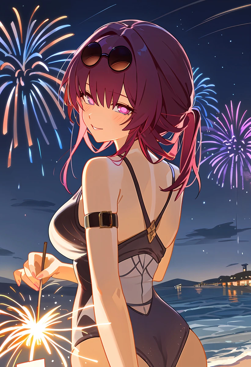 límíng zhī xià, honkai: star rail, hoyoverse, pixiv, kafka (honkai: star rail), ass, back view, big breasts, blush, fireworks, long hair, looking at viewer, one-piece swimsuit, purple eyes, purple hair, sideboob, slim waist, smiling, smiling at viewer, swimsuit, tied hair, ai generated