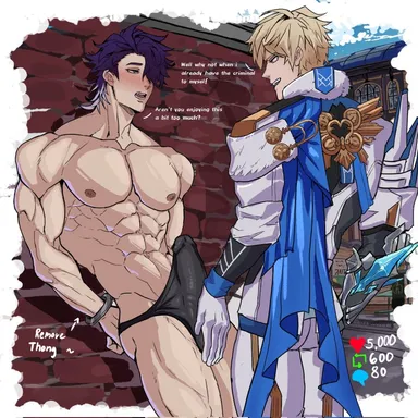 genzonillablack, honkai: star rail, gepard (honkai: star rail), sampo (honkai star rail), 2boys, abs, alley, blush, gay, handcuffs, male, male only, muscular, muscular male, pecs, stripping, thong, touching penis, underwear only, yaoi, strip game