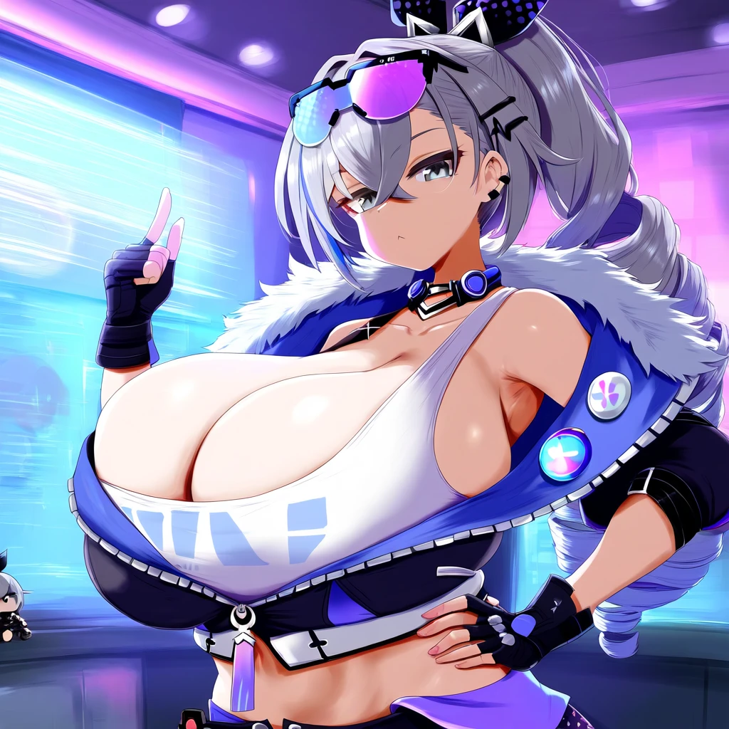 ameanon, honkai: star rail, mihoyo, silver wolf (honkai: star rail), :<, alternate breast size, armpits, big breasts, breasts, cleavage, drill hair, expressionless, fingerless gloves, gloves, grey eyes, grey hair, hand on hip, huge breasts, large breasts, ponytail, sideboob, ai generated