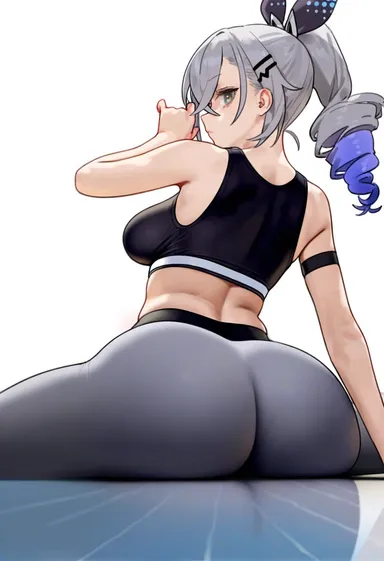 honkai: star rail, silver wolf (honkai: star rail), 1girls, ass, ass focus, bare shoulders, big ass, big breasts, big butt, breasts, fat ass, huge ass, huge butt, long hair, ponytail, silver hair, sitting, solo, sports bra, sweat, yoga, yoga pants, ai generated, hi res, highres