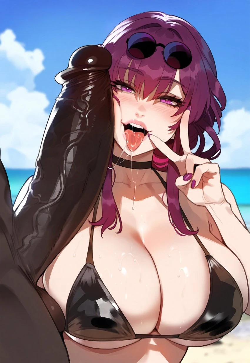 floox, honkai (series), honkai: star rail, kafka (honkai: star rail), 1boy, 1girls, beach, breasts, dark skin, dark-skinned male, female, huge cock, interracial, large breasts, light skin, light-skinned female, long hair, male, naughty face, outdoors, penis, penis against face, purple eyes, purple hair, smile, voluptuous, ai generated, artstyle imitation, hi res, high resolution, stable diffusion, thiccwithaq (ai style), uncensored