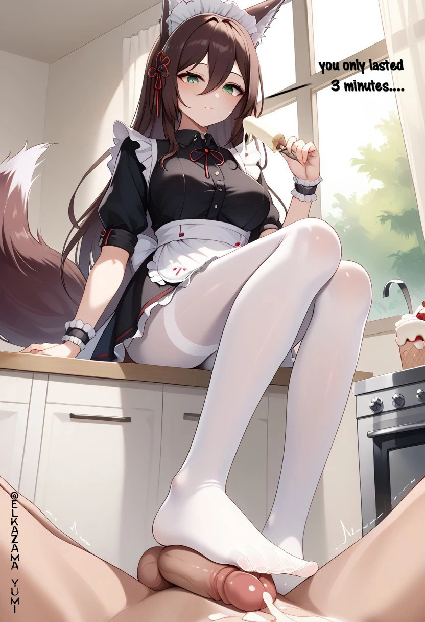 elkazama yumi, honkai (series), honkai: star rail, tingyun (honkai: star rail), 1girls, cumshot, dirty talk, dominant, feet, female, femdom, footjob, maid uniform, nylons, stepped on, tights, trampled, ai generated