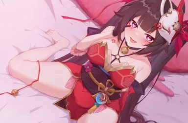 honkai (series), honkai: star rail, sparkle (honkai: star rail), bare shoulders, barefoot, bell, bell collar, black hair, blush, female, female focus, female only, fox mask, hand on face, kemono, lying on bed, mask, red eyes, shoulder tattoo, spread legs, symbol-shaped pupils, thick thighs, alternate version available