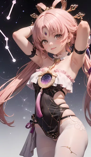 cortezian generations, honkai (series), honkai: star rail, patreon, fu xuan (honkai: star rail), 1girls, armpits, bare shoulders, blush, constellation, female, flat chest, forehead jewel, gloves, gold eyes, hair ornament, hairbow, leash, long hair, low twintails, night sky, petite, pink hair, small breasts, smile, solo, stars, stockings, tassel, thick thighs, thighs, twintails, young, ai generated, hi res